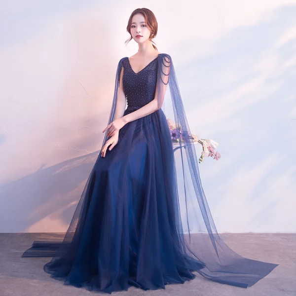 Chic / Belle Bleu Marine Robe De Soirée 2018 Princesse Perle Noeud V-Cou Dos Nu Sans Manches Watteau Train Longue Robe De Ceremonie