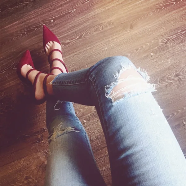 Sexy Burgundy Street Wear Suede Womens Sandals 2021 Ankle Strap 10 cm Stiletto Heels Pointed Toe Sandals High Heels