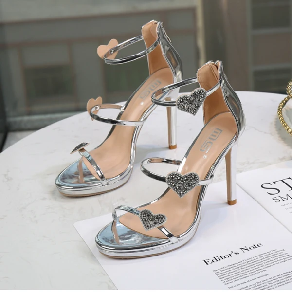 Sexy Champagne Cocktail Faux Diamant Forme de coeur Sandales Femme 2021 10 cm Talons Aiguilles Peep Toes / Bout Ouvert Sandales Talons Hauts