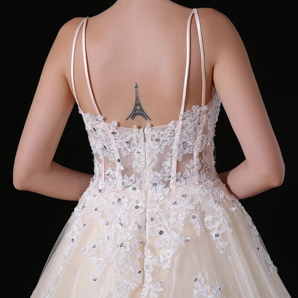 Elegant Champagne Wedding Dresses 2018 A-Line / Princess Appliques Lace Sequins Spaghetti Straps Backless Sleeveless Sweep Train Wedding