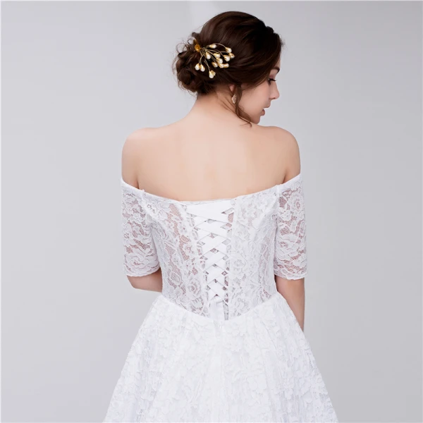 Chic / Beautiful White Wedding Dresses 2018 A-Line / Princess Lace Off-The-Shoulder Backless Short Sleeve Court Train Wedding