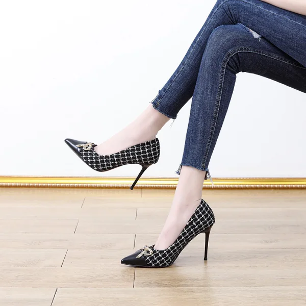 Charmant Noire Soirée Faux Diamant Noeud Escarpins 2021 9 cm Talons Aiguilles À Bout Pointu Escarpins Talons Hauts