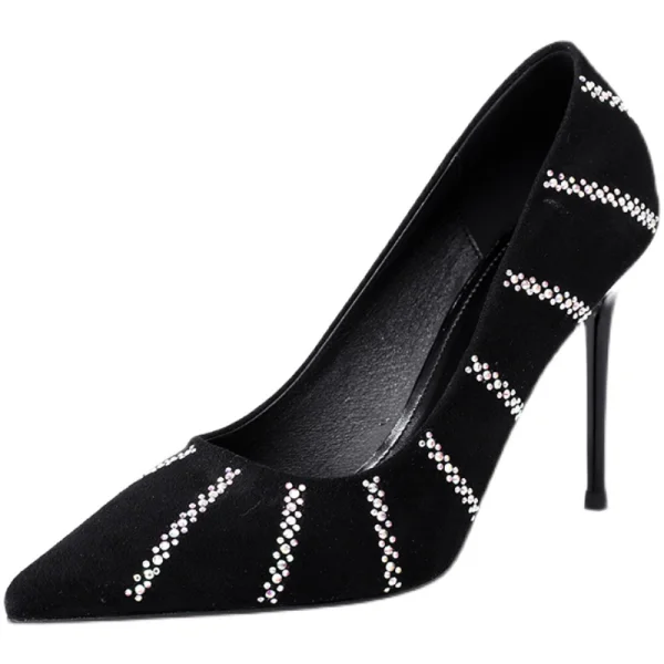 Charmant Noire Soirée Faux Diamant Escarpins 2021 9 cm Talons Aiguilles À Bout Pointu Escarpins Talons Hauts