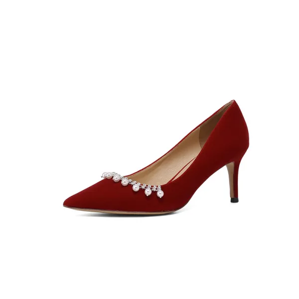 Elegant Red Pearl Rhinestone Wedding Shoes 2021 7 cm Stiletto Heels Pointed Toe Wedding Pumps High Heels