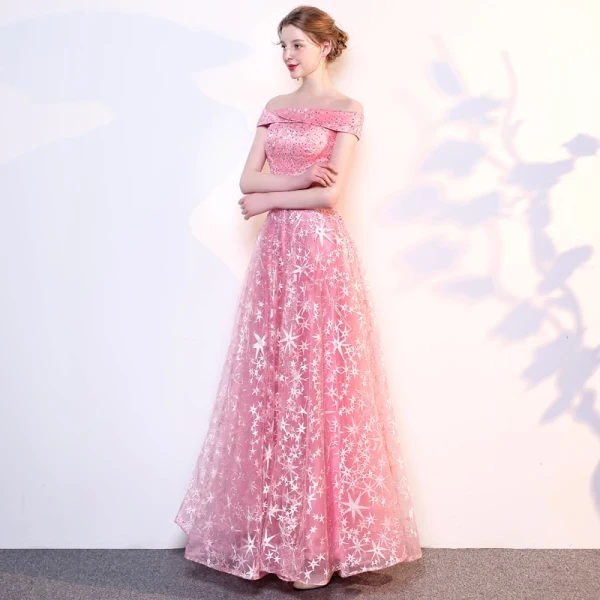 Mode Rosa Selskabskjoler 2018 Prinsesse Stjerne Broderet Rhinestone Off-The-Shoulder Ærmeløs Halterneck Lange Kjoler