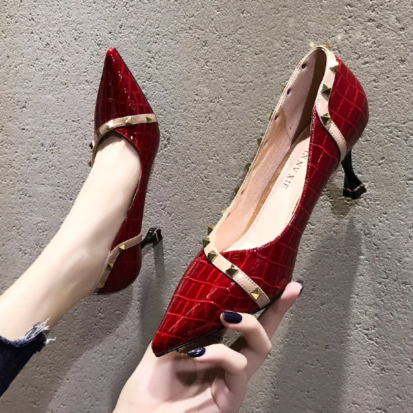Chic / Beautiful Black Evening Party Patent Leather Rivet Pumps 2021 6 cm Stiletto Heels Pointed Toe Pumps High Heels