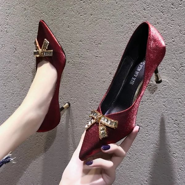 Charming Red Evening Party Suede Rhinestone Bow Pumps 2021 6 cm Stiletto Heels Pointed Toe Pumps High Heels