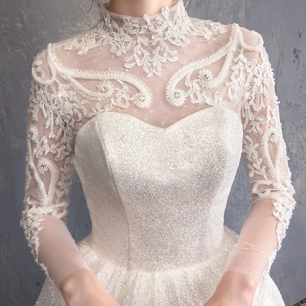 Elegant White Wedding Dresses 2018 A-Line / Princess Appliques Lace High Neck Backless Long Sleeve Chapel Train Wedding