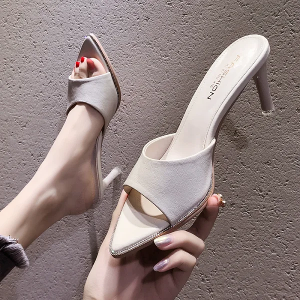 Sexy Freizeit Beige Strass Pantolette & Flip-Flops 2021 7 cm Stilettos Peeptoes Sandalen Damen