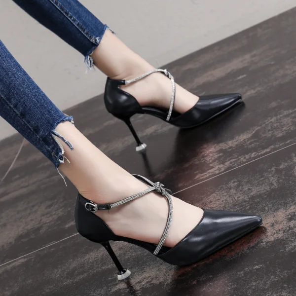 Sexy Noire Soirée Faux Diamant X-Strap Sandales Femme 2021 8 cm Talons Aiguilles À Bout Pointu Sandales Talons Hauts