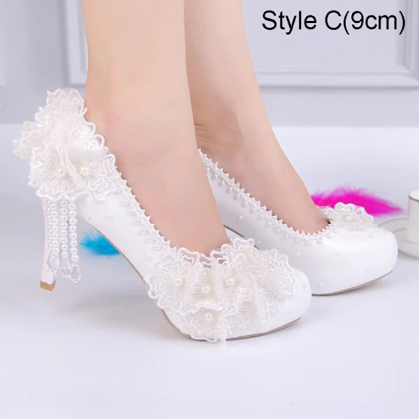 Charming Ivory Lace Flower Wedding Shoes 2021 Waterproof Pearl Tassel 15 cm Stiletto Heels Round Toe Wedding Pumps High Heels