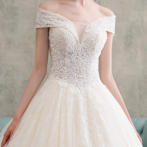 Elegant Champagne Wedding Dresses 2018 Ball Gown Appliques Lace Off-The-Shoulder Backless Sleeveless Cathedral Train Wedding
