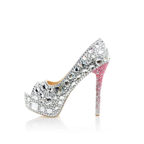 Scintillantes Argenté Faux Diamant Chaussure De Mariée 2021 14 cm Talons Aiguilles Peep Toes / Bout Ouvert Mariage Talons Hauts