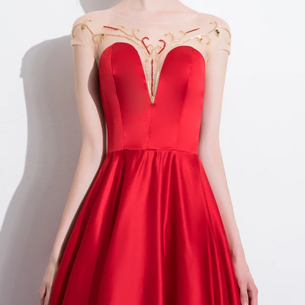 Chic / Belle Rouge Robe De Soirée 2018 Princesse Paillettes Encolure Dégagée Dos Nu Manches Courtes Longue Robe De Ceremonie