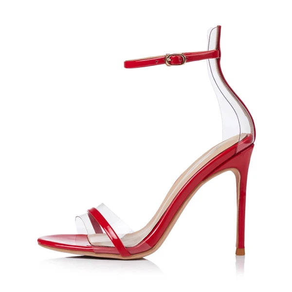 Sexy Rot Cocktail Sandalen Damen 2021 Leder Knöchelriemen 10 cm Stilettos Spitzschuh Sandaletten Hochhackige