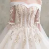 Elegant Champagne Wedding Dresses 2018 Ball Gown Appliques Lace Beading Pearl Off-The-Shoulder Backless Long Sleeve Floor-Length / Long Wedding