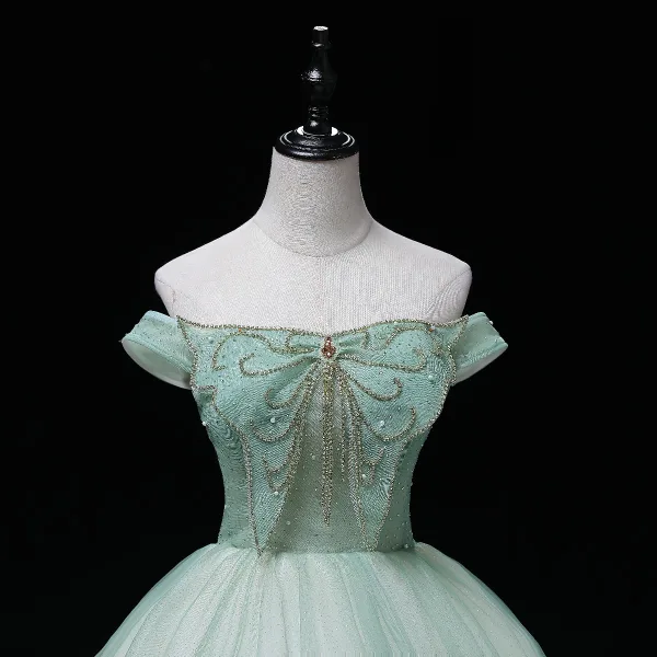 Elegant Sage Green Sequins Prom Dresses 2022 Ball Gown Off-The-Shoulder Sleeveless Rhinestone Butterfly Beading Backless Pearl Floor-Length / Long Formal Dresses