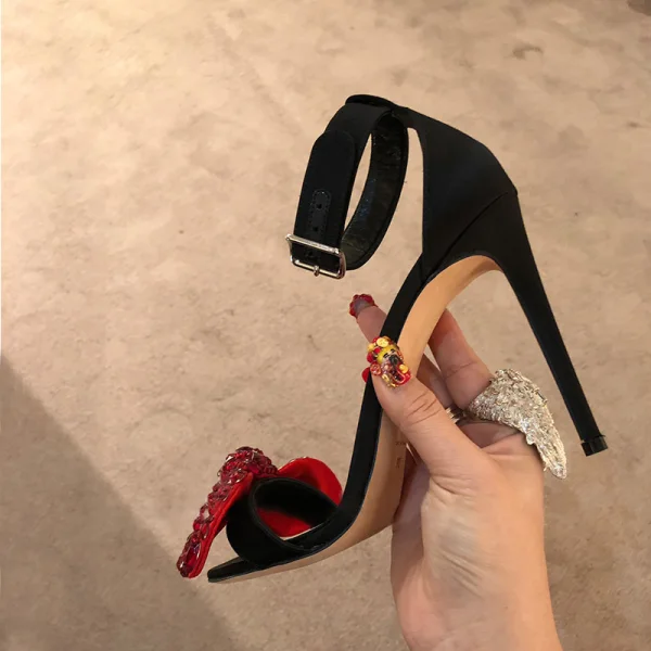Sexy Silver Evening Party Rhinestone Womens Sandals 2021 Leather Ankle Strap 9 cm Stiletto Heels Open / Peep Toe Sandals High Heels