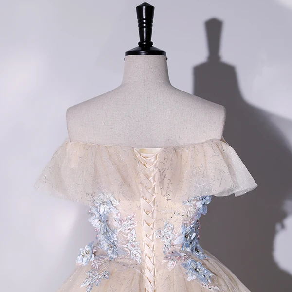 Elegant Champagne Prom Dresses 2022 Ball Gown Off-The-Shoulder Pearl Lace Flower Short Sleeve Floor-Length / Long Formal Dresses