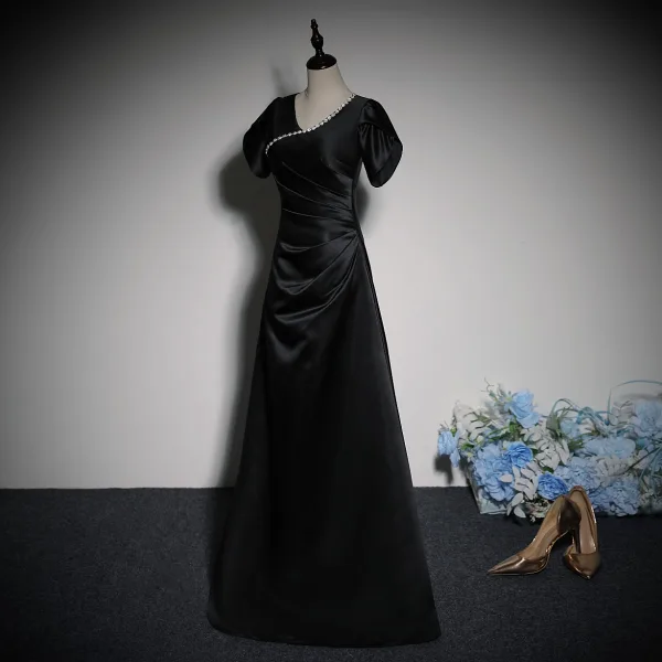 Chic / Beautiful Black Rhinestone Satin Prom Dresses 2023 A-Line / Princess V-Neck Short Sleeve Floor-Length / Long Prom Formal Dresses
