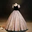 Elegant Black Printing Prom Dresses 2023 Ball Gown Square Neckline Short Sleeve Backless Bow Floor-Length / Long Formal Dresses