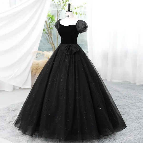 Élégant Noire Paillettes Robe De Bal 2023 Robe Boule Encolure Carrée Manches Courtes Dos Nu Longue Promo Robe De Ceremonie
