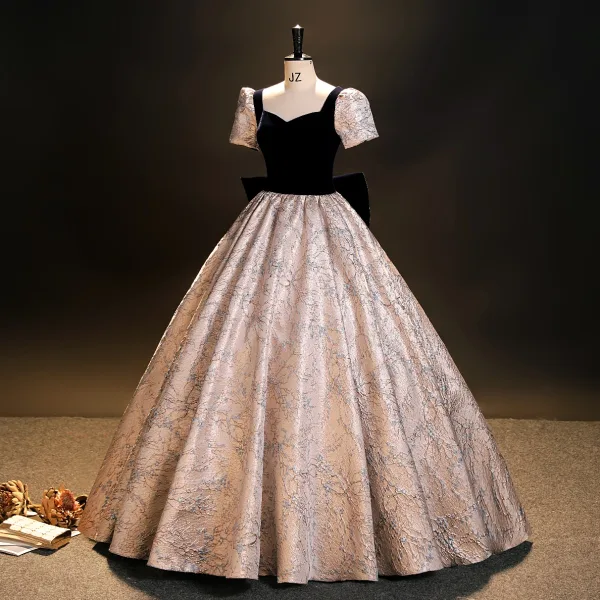 Elegant Black Printing Prom Dresses 2023 Ball Gown Square Neckline Short Sleeve Backless Floor-Length / Long Prom Formal Dresses