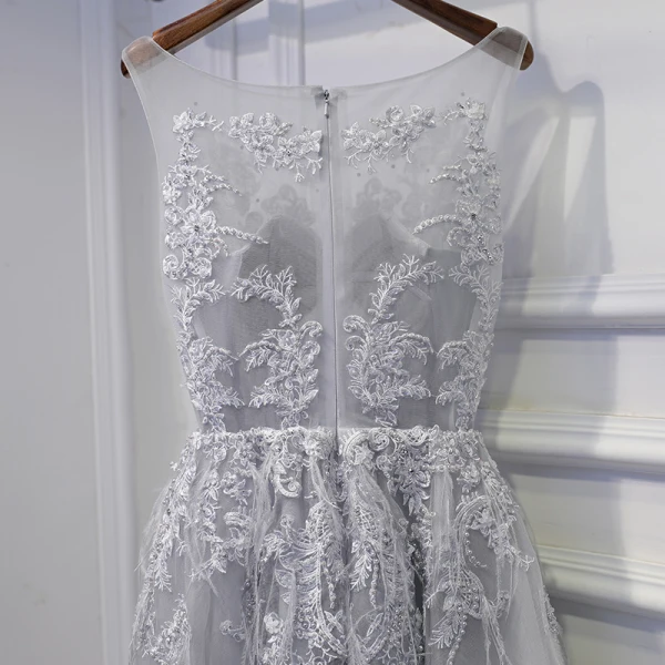 Modest / Simple Silver Wedding Party Dresses Bridesmaid Dresses 2017 Lace Flower Sequins Pearl Scoop Neck Sleeveless Short A-Line / Princess
