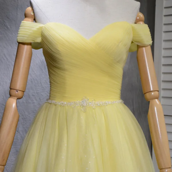 Schöne Gelb Ballkleider 2018 A Linie Pailletten Off Shoulder Rückenfreies Ärmellos Sweep / Pinsel Zug Festliche Kleider
