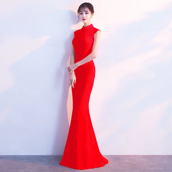 Elegant Rosa Selskabskjoler 2018 Havfrue Beading Perle Rhinestone Scoop Neck Ærmeløs Lange Kjoler