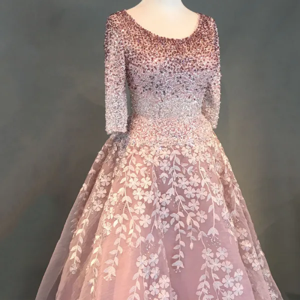 Chic / Beautiful Blushing Pink Prom Dresses 2018 Ball Gown Appliques Lace Handmade Beading Crystal Sequins Scoop Neck 3/4 Sleeve Sweep Train Formal Dresses