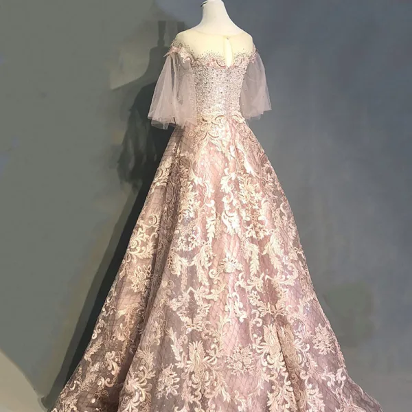 Luxe Perle Rose Robe De Soirée 2018 Princesse Appliques En Dentelle Perlage Cristal Faux Diamant Paillettes Encolure Dégagée Dos Nu 1/2 Manches Longue Robe De Ceremonie