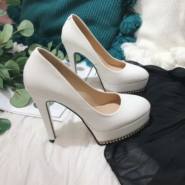 Chic / Beautiful White Evening Party Rhinestone Pumps 2021 Leather 12 cm Stiletto Heels Waterproof Pointed Toe Pumps High Heels