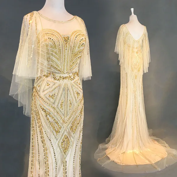 Luxe Ivoire Robe De Soirée 2018 Trompette / Sirène Perlage Perle Faux Diamant Paillettes Encolure Dégagée Dos Nu 3/4 Manches Train De Balayage Robe De Ceremonie