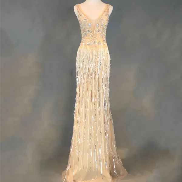 Luxury / Gorgeous Champagne Evening Dresses 2018 Trumpet / Mermaid Beading Tassel U-Neck Backless Sleeveless Floor-Length / Long Formal Dresses