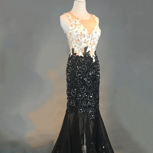 Luxury / Gorgeous Black Evening Dresses 2018 Trumpet / Mermaid Appliques Lace Beading Crystal Rhinestone Scoop Neck Sleeveless Floor-Length / Long Formal Dresses