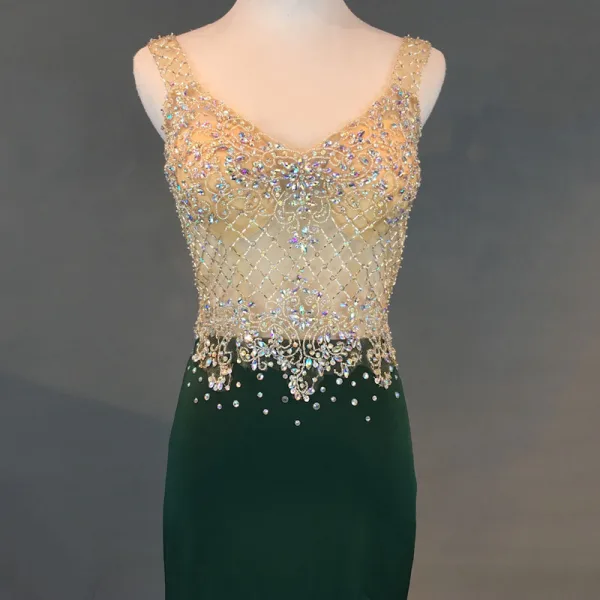 Chic / Beautiful Dark Green Evening Dresses 2018 Trumpet / Mermaid Handmade Beading Crystal Rhinestone V-Neck Backless Sleeveless Floor-Length / Long Formal Dresses