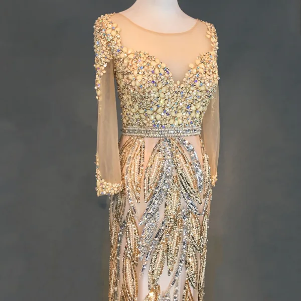 Luxury / Gorgeous Champagne Evening Dresses 2018 Trumpet / Mermaid Beading Crystal Pearl Rhinestone Sequins Scoop Neck Long Sleeve Sweep Train Formal Dresses