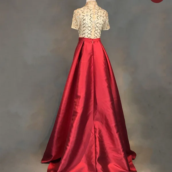 Chic / Belle Bleu Marine Robe De Soirée 2018 Princesse Ceinture Fait main Perlage Cristal Faux Diamant Paillettes Col Haut 1/2 Manches Train De Balayage Robe De Ceremonie