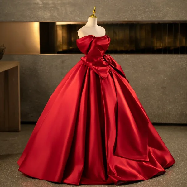 Elegant Burgundy Prom Dresses 2025 Ball Gown Off-The-Shoulder Bow Short Sleeve Backless Floor-Length / Long Formal Dresses