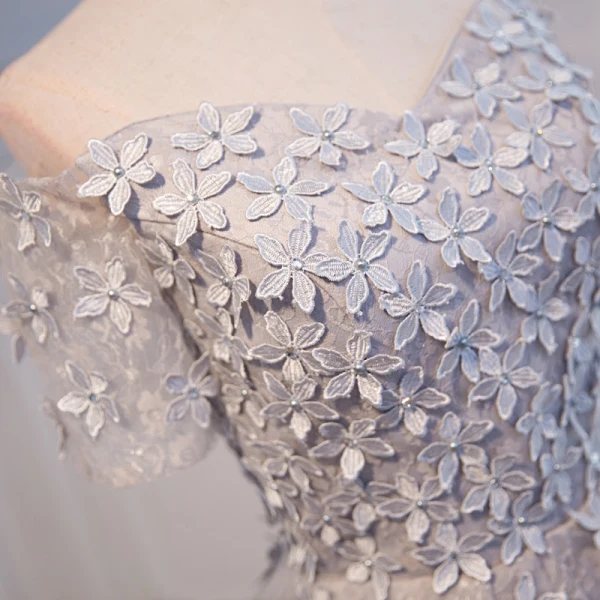 Chic / Belle Gris de retour Robe De Graduation 2018 Princesse Appliques En Dentelle Noeud De l'épaule Dos Nu Manches Courtes Courte Robe De Ceremonie