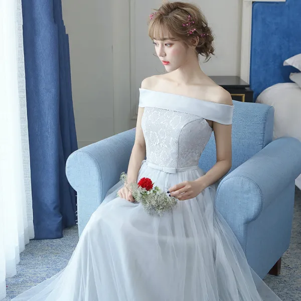 Chic / Beautiful Grey Bridesmaid Dresses 2018 A-Line / Princess Bow Sleeveless Backless Floor-Length / Long Wedding Party Dresses