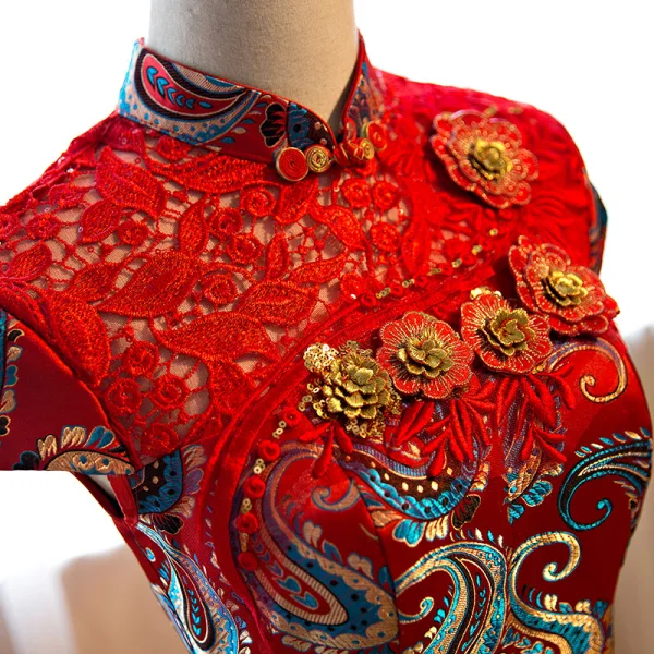 Chinese style Red Evening Dresses 2018 Trumpet / Mermaid Lace Embroidered Sequins Flower High Neck Short Sleeve Floor-Length / Long Formal Dresses