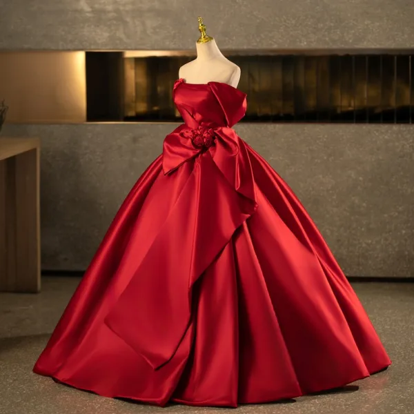 Elegant Burgundy Prom Dresses 2025 Ball Gown Off-The-Shoulder Bow Short Sleeve Backless Floor-Length / Long Formal Dresses