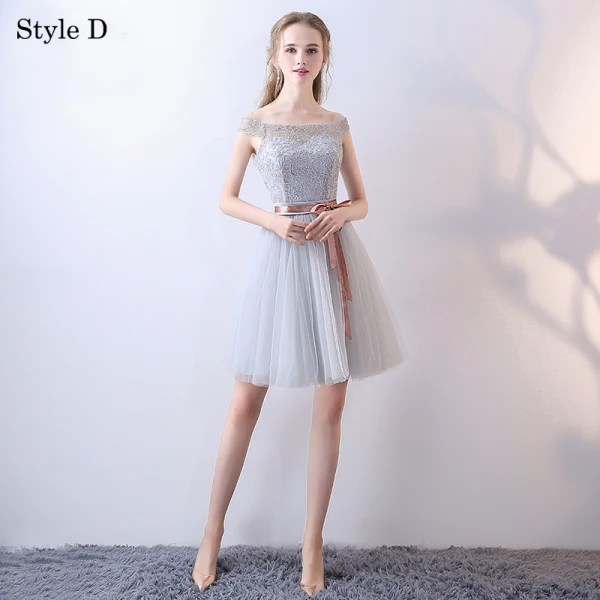 Chic / Beautiful Grey Bridesmaid Dresses 2018 A-Line / Princess Bow Sleeveless Backless Short Wedding Party Dresses