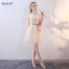 Chic / Beautiful Champagne Bridesmaid Dresses 2018 A-Line / Princess Bow Lace Sleeveless Backless Short Wedding Party Dresses
