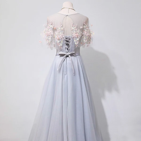 Chic / Beautiful Silver Evening Dresses  2018 A-Line / Princess Lace Flower Appliques Bow Scoop Neck Backless Short Sleeve Floor-Length / Long Formal Dresses