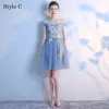 Chic / Beautiful Summer Sky Blue Bridesmaid Dresses 2018 A-Line / Princess Appliques Lace Bow Backless Short Wedding Party Dresses