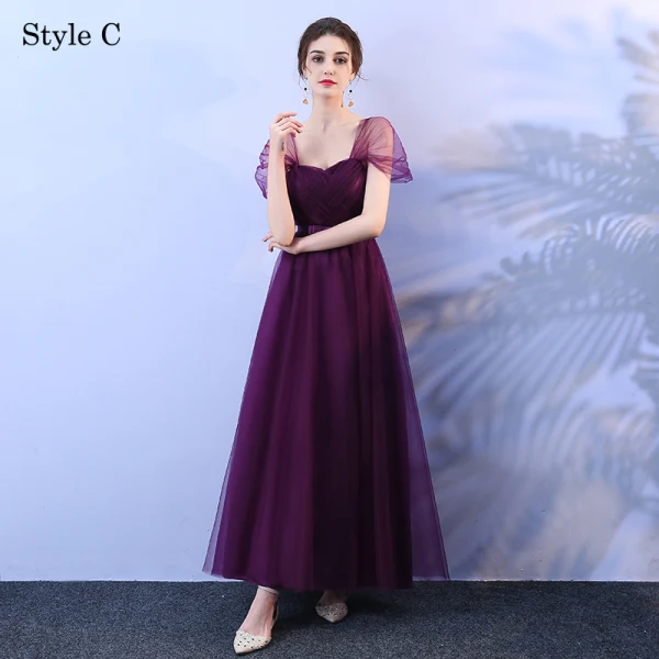 Wedding Party Dresses Bridesmaid Dresses Grape Crossed Straps Backless Bow Ankle Length Tulle Wedding Bridesmaid Fall Spring Summer Modest / Simple A-Line / Princess 2018