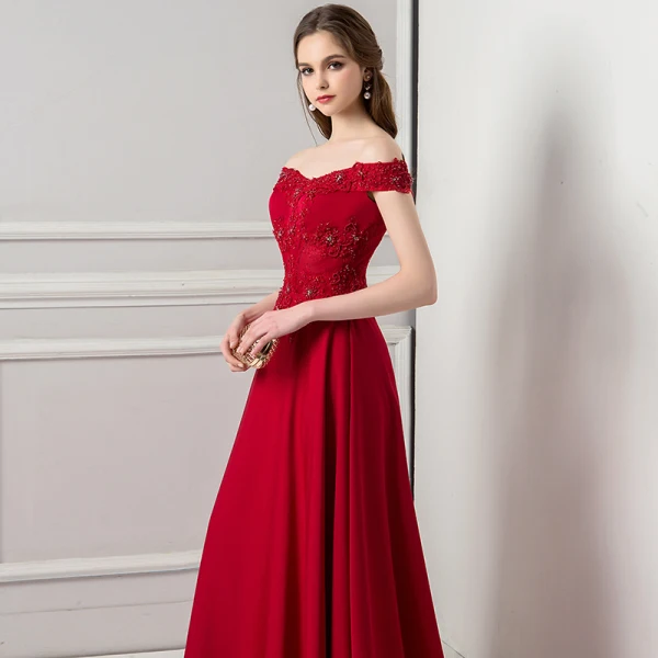 Schöne Burgunderrot Abendkleider 2018 A Linie Mit Spitze Perlenstickerei Perle Strass Off Shoulder Ärmellos Rückenfreies Sweep / Pinsel Zug Festliche Kleider